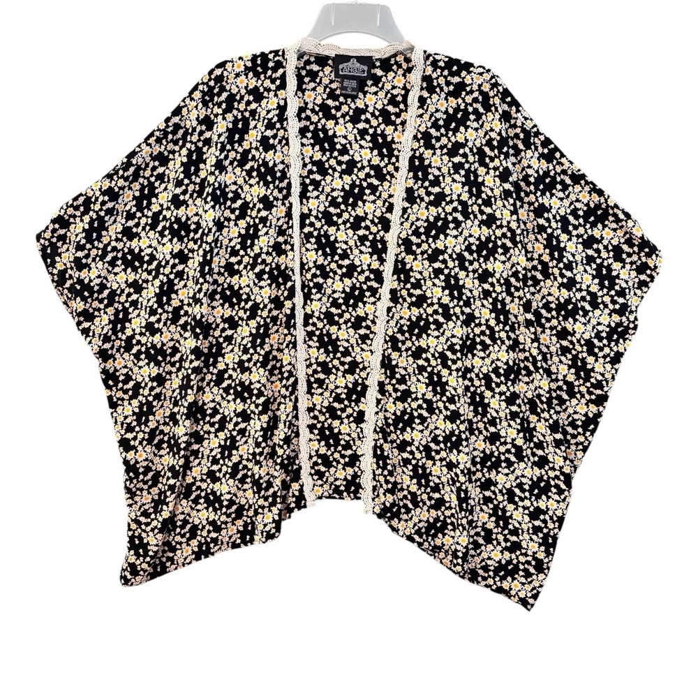 Angie L Black Floral Kimono Cardigan Boho Crochet Trim Ditsy Daisy Open Front